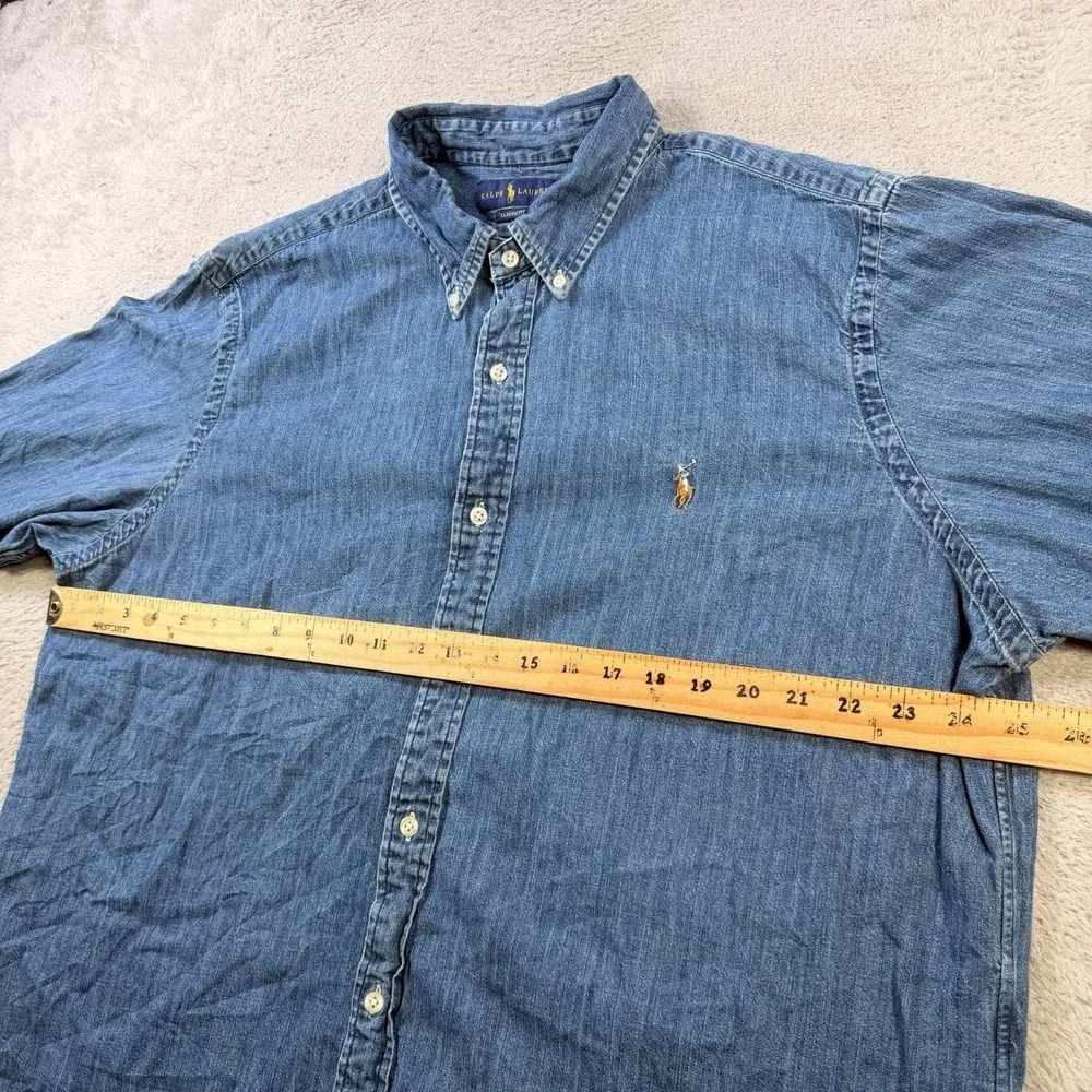 Polo Ralph Lauren Shirt Mens 2XL Classic Fit Blue Denim Button Down Flesh Pony